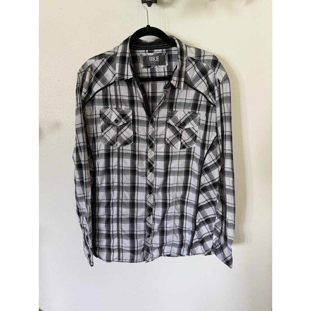 BKE Men’s athletic fit button up shirt- White, Black And Gray Plaid- Size‎ Xl